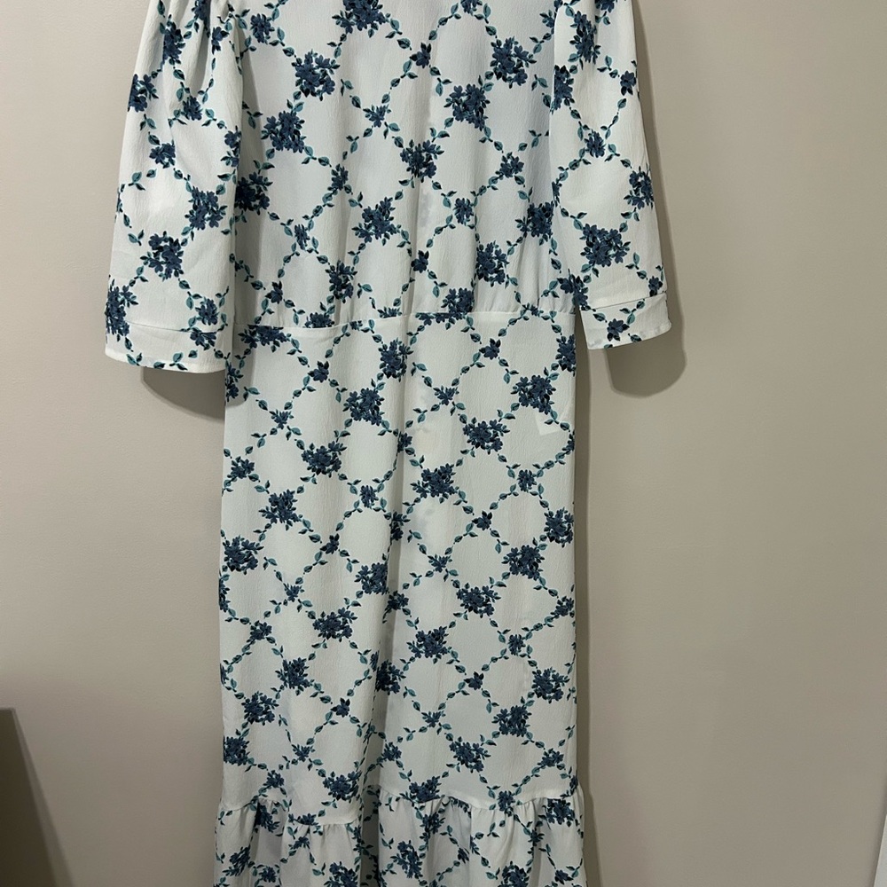 Blue Floral Print Puff Sleeve Dress